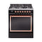 ILVE Nostalgie II Noblesse 30-Inch Natural Gas Dual Fuel Range with Solid Door in Glossy Black with Copper Trim (UN30QNMPBKP)