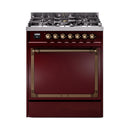 ILVE Nostalgie II Noblesse 30-Inch Propane Gas Dual Fuel Range with Solid Door in Burgundy with Bronze Trim (UN30QNMPBUBLP)