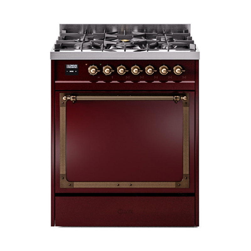 ILVE Nostalgie II Noblesse 30-Inch Dual Fuel Range with Solid Door in Burgundy with Bronze Trim (UN30QNMPBUB)