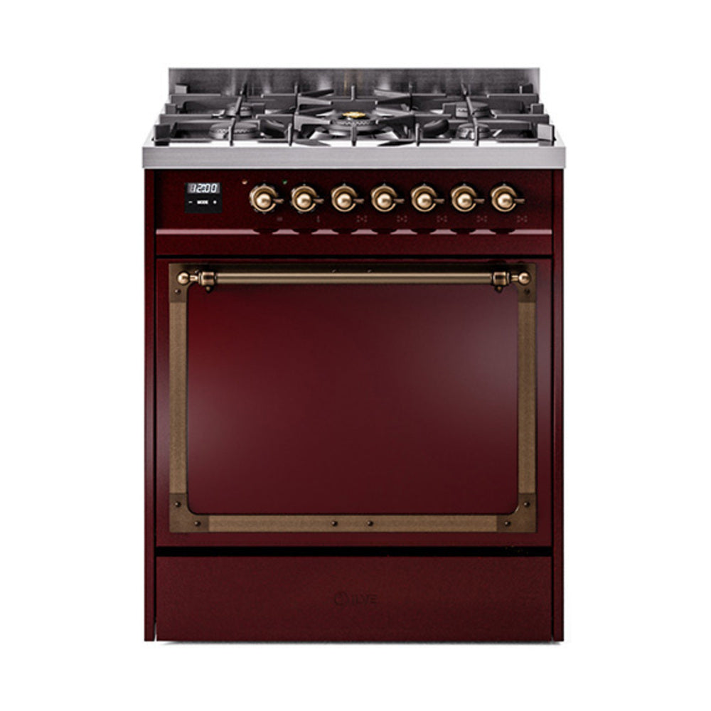 Burgundy dual-fuel range with solid door, glass window, and bronze control knobs