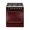 ILVE Nostalgie II Noblesse 30-Inch Natural Gas Dual Fuel Range with Solid Door in Burgundy with Bronze Trim (UN30QNMPBUB)
