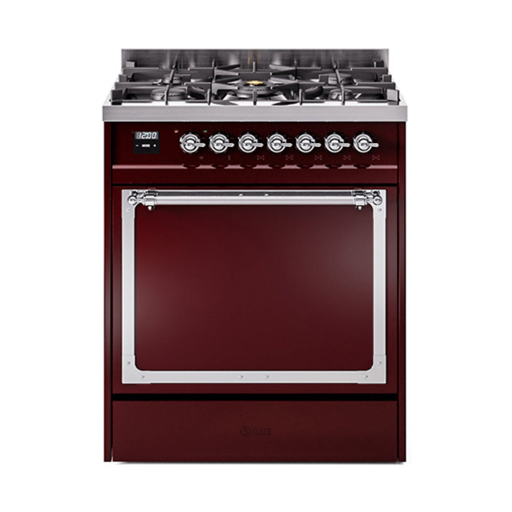 Burgundy dual-fuel gas range with chrome trim and closed oven door