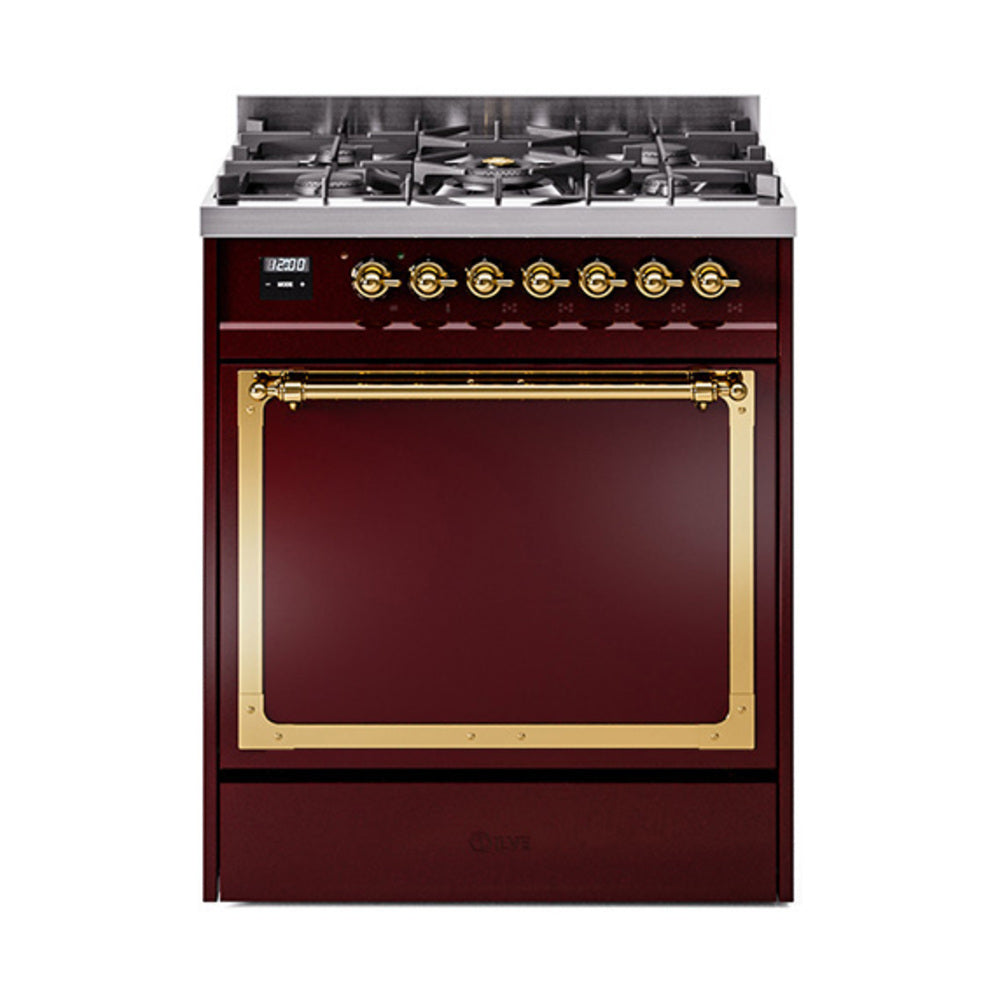 Burgundy dual-fuel range with brass-trimmed oven door and glass window