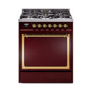 ILVE Nostalgie II Noblesse 30-Inch Natural Gas Dual Fuel Range with Solid Door in Burgundy with Brass Trim (UN30QNMPBUG)
