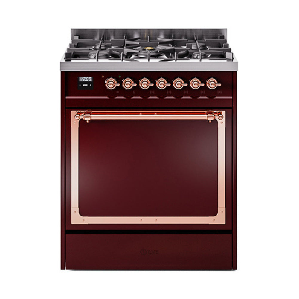 Burgundy dual fuel range with copper-trimmed oven door and control knobs, 30-inch