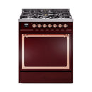 ILVE Nostalgie II Noblesse 30-Inch Natural Gas Dual Fuel Range with Solid Door in Burgundy with Copper Trim (UN30QNMPBUP)