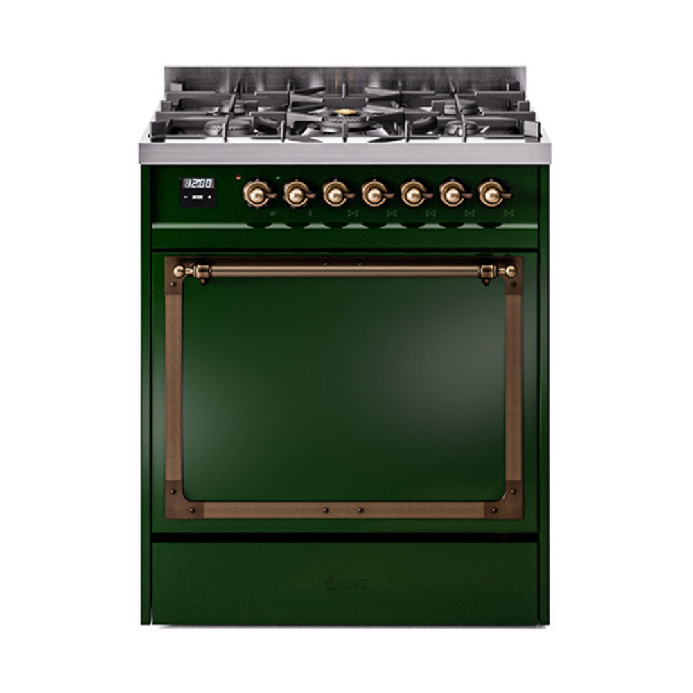 Emerald green dual-fuel gas range with solid door and bronze trim, front view