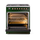 ILVE Nostalgie II Noblesse 30-Inch Natural Gas Dual Fuel Range with Solid Door in Emerald Green with Bronze Trim (UN30QNMPEGB)