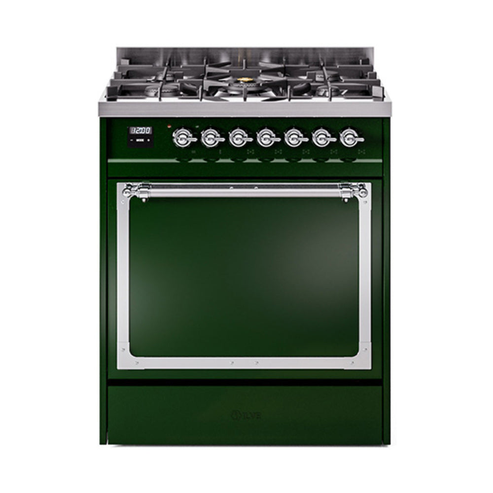 Emerald green dual-fuel range with chrome trim, closed oven door and knobs