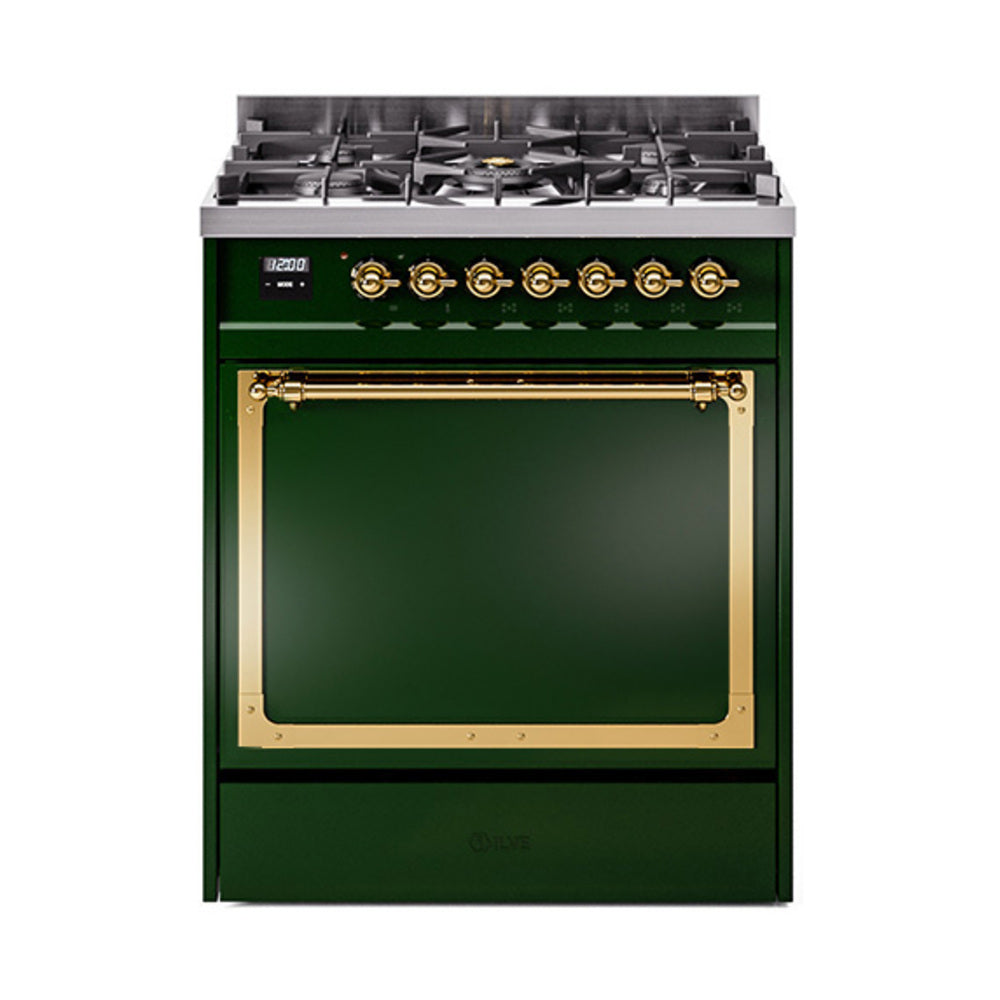 Emerald green dual fuel range with brass-trimmed solid door and large oven window