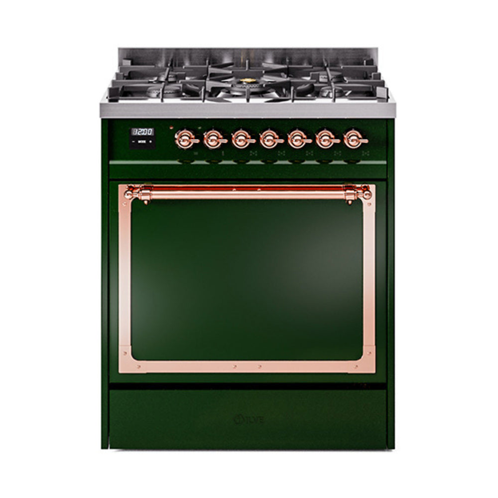 Emerald green dual-fuel range with copper trim and glass oven door