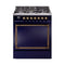 ILVE Nostalgie II Noblesse 30-Inch Propane Gas Dual Fuel Range with Solid Door in Midnight Blue with Bronze Trim (UN30QNMPMBBLP)