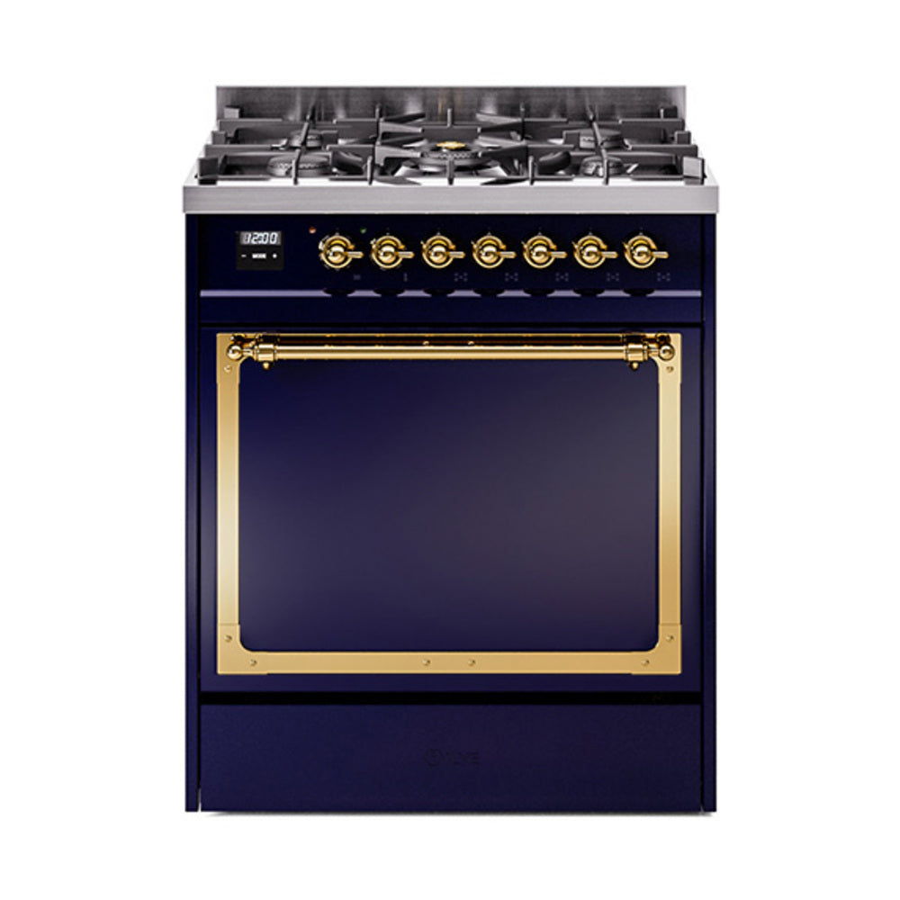 Midnight blue dual fuel range with solid oven door and brass trim, door closed