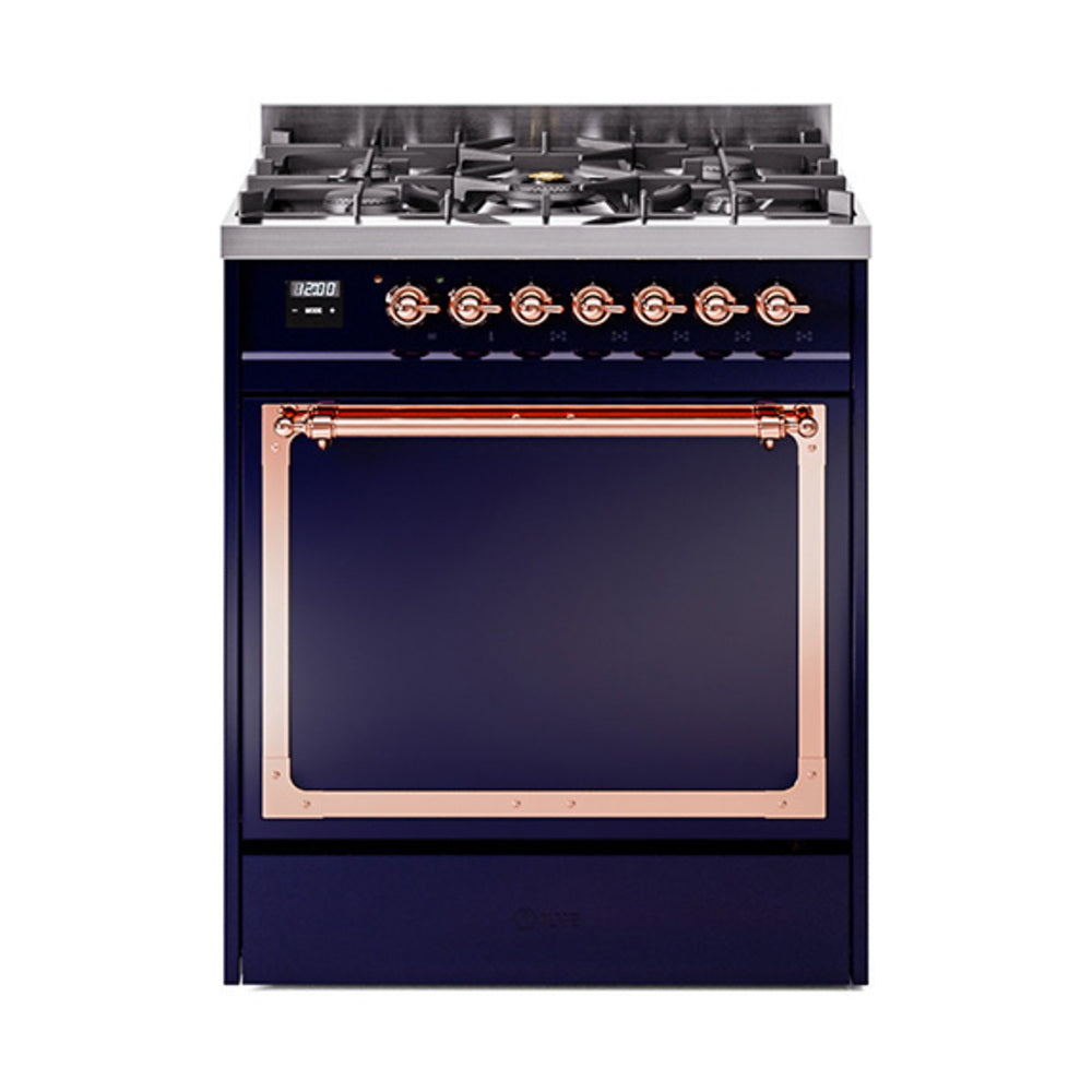 Midnight blue dual fuel range with copper trim, oven door and control knobs