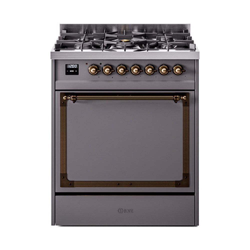 30-inch gas dual-fuel range with matte graphite door and bronze trim