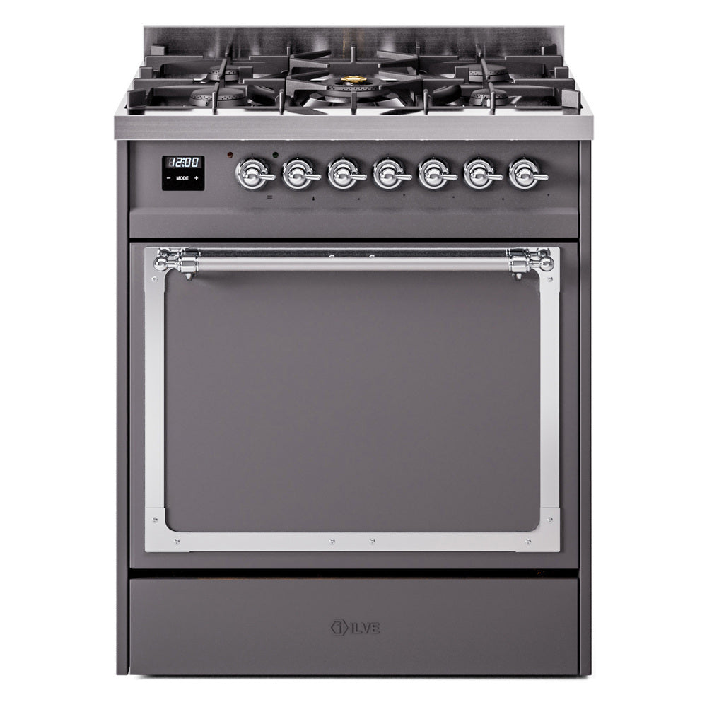 Matte graphite dual fuel range with chrome trim and closed glass oven door