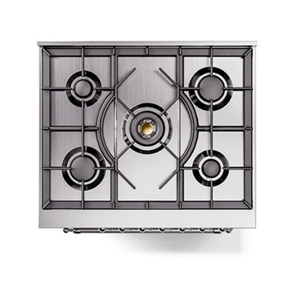Matte graphite gas burner cooktop with four round burners and chrome grate