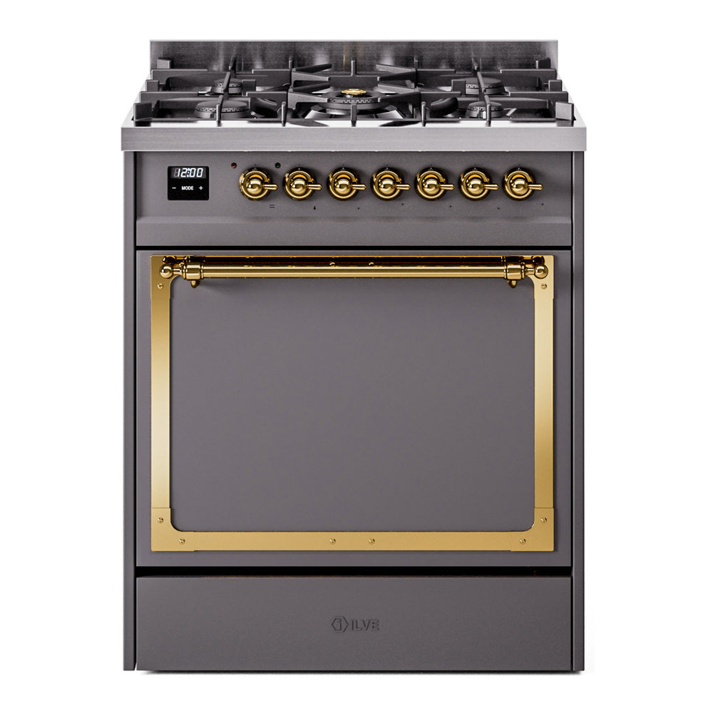 30-inch dual fuel range with matte graphite door and brass-trimmed control knobs