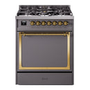 ILVE Nostalgie II Noblesse 30-Inch Natural Gas Dual Fuel Range with Solid Door in Matte Graphite with Brass Trim (UN30QNMPMGG)