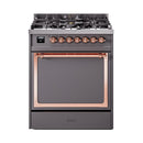 ILVE Nostalgie II Noblesse 30-Inch Dual Fuel Range with Solid Door in Matte Graphite with Copper Trim (UN30QNMPMGP)