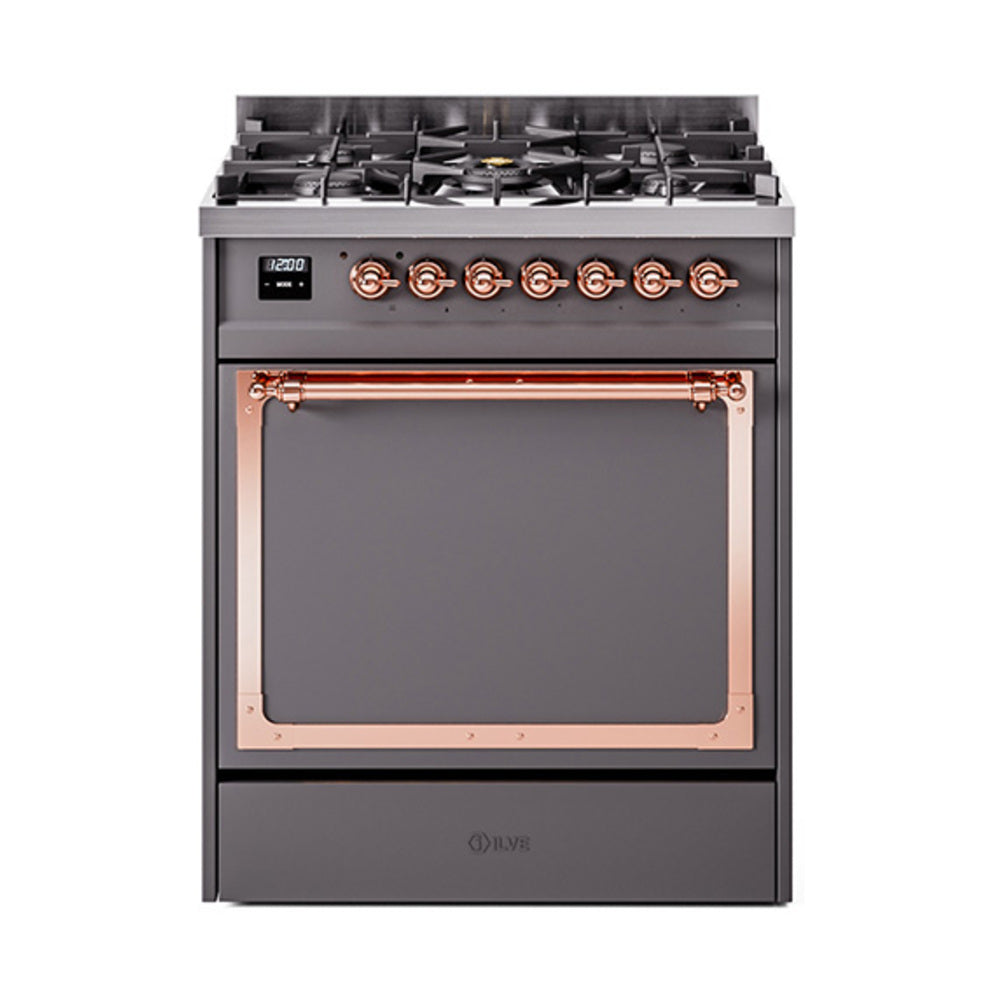 30-inch dual fuel range with matte graphite finish, solid door and copper-trim window