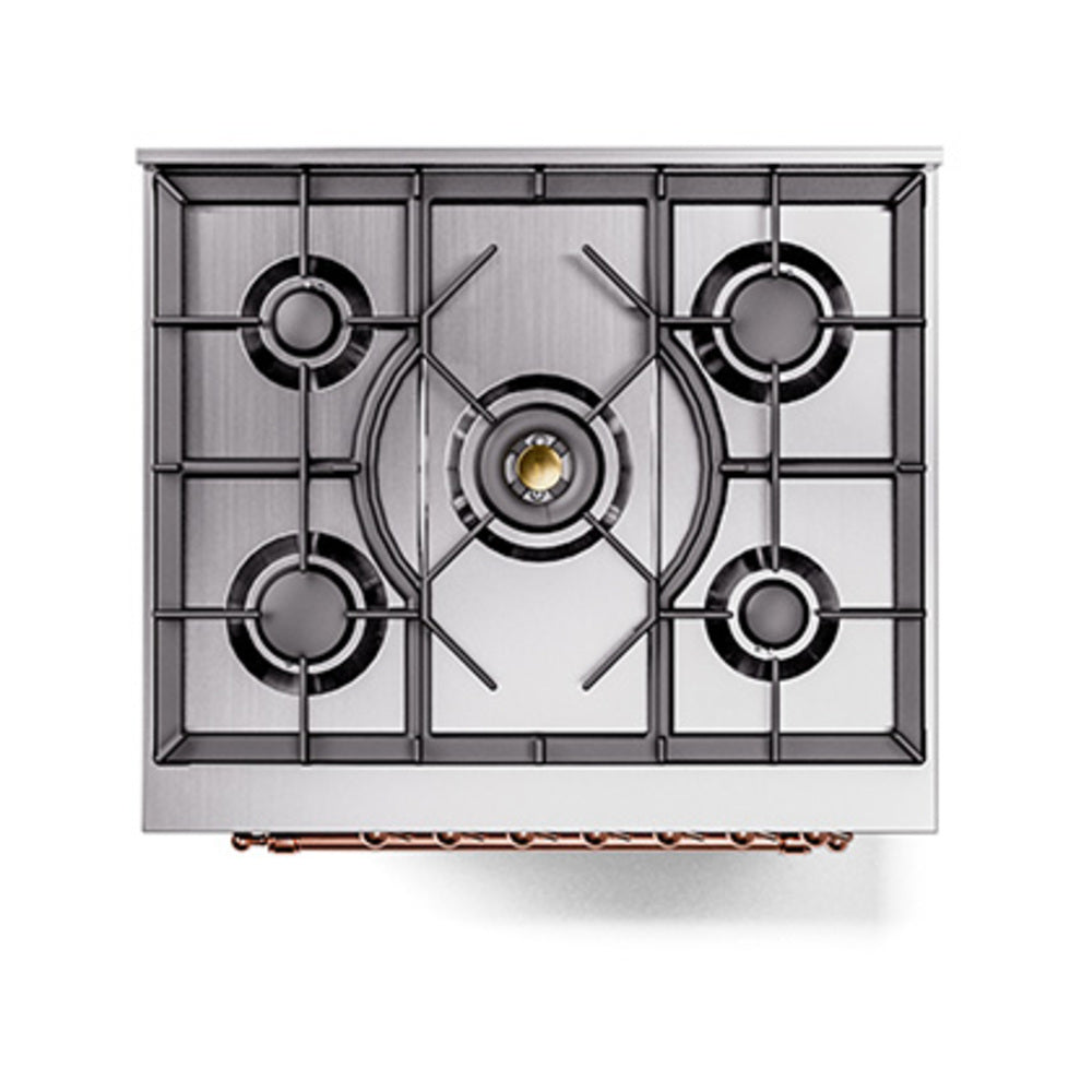 ILVE dual fuel range top view with four gas burners and star-shaped center control.