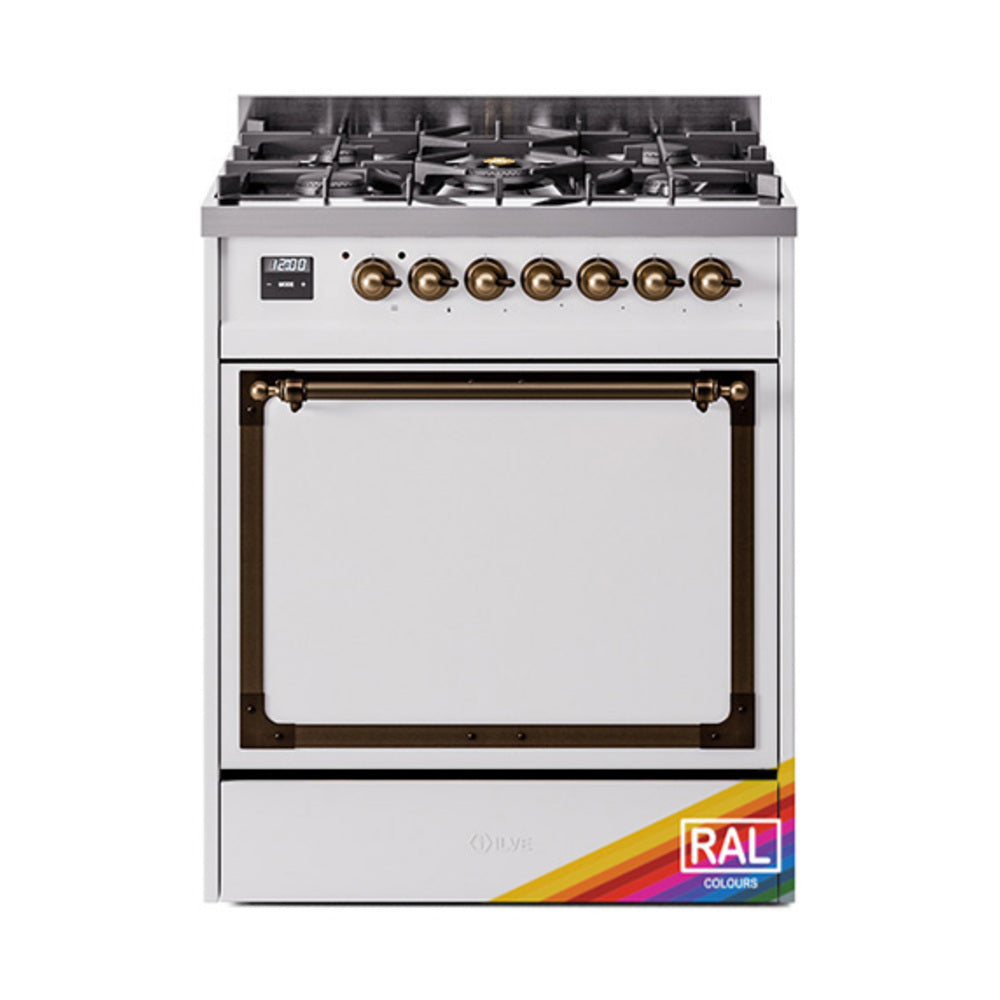 30-inch dual-fuel gas range with closed solid door and bronze control knobs