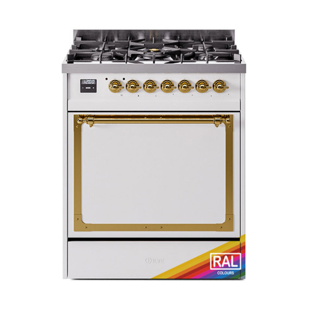 ILVE dual fuel gas range with solid door and brass-trimmed oven window