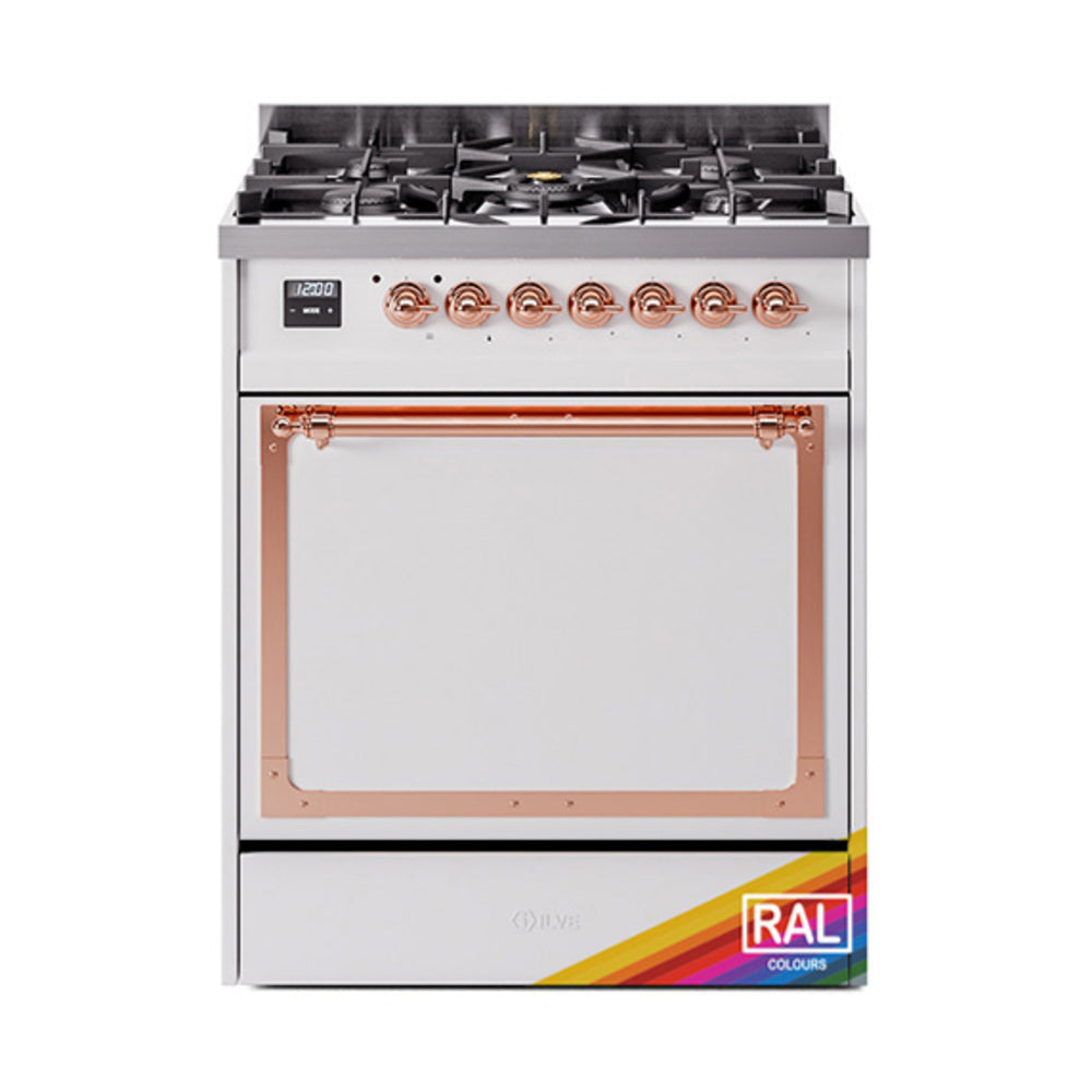 30-inch dual-fuel gas range with solid door and copper trim, custom RAL finish