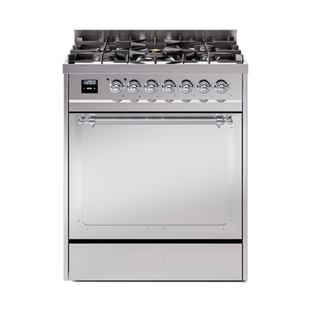 Stainless steel dual-fuel gas range with solid door and chrome control knobs