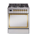 ILVE Nostalgie II Noblesse 30-Inch Dual Fuel Range with Solid Door in Stainless Steel with Brass Trim (UN30QNMPSSG)
