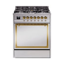 ILVE Nostalgie II Noblesse 30-Inch Propane Gas Dual Fuel Range with Solid Door in Stainless Steel with Brass Trim (UN30QNMPSSGLP)