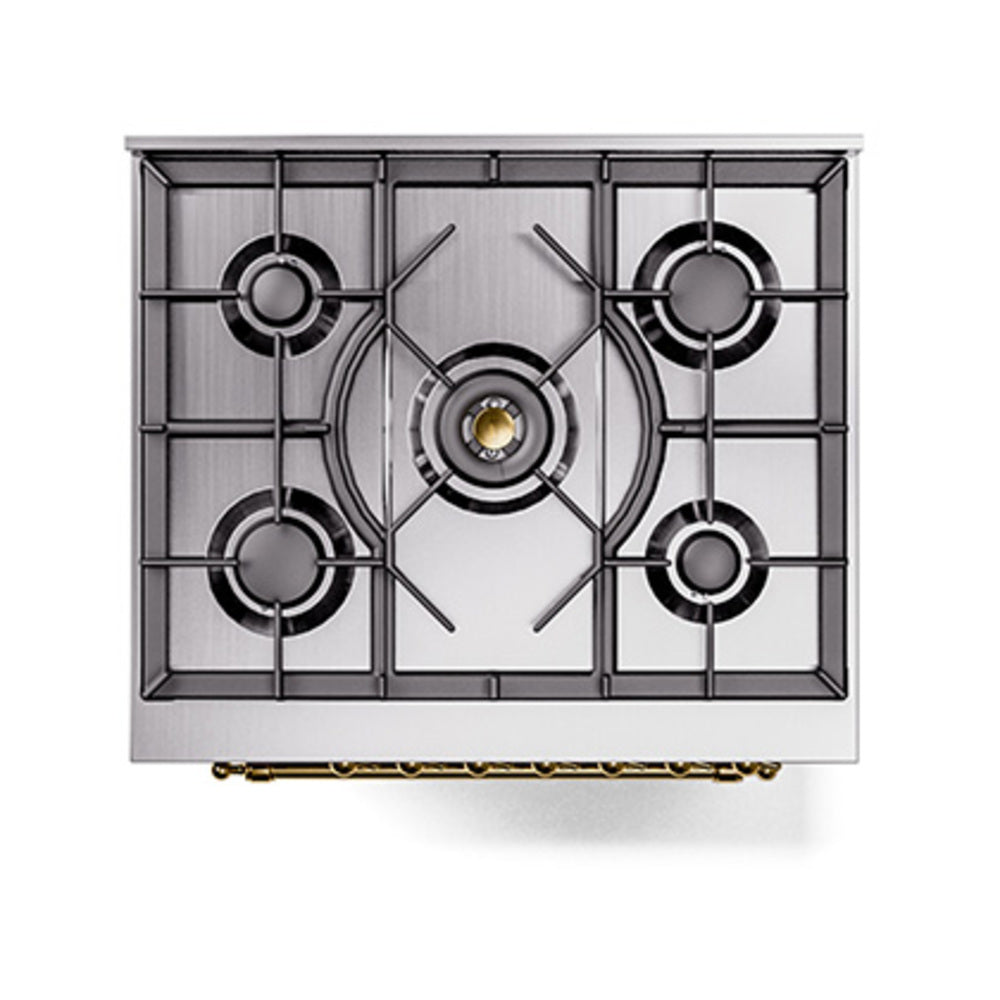 Stainless steel dual fuel cooktop with four burners and brass accents