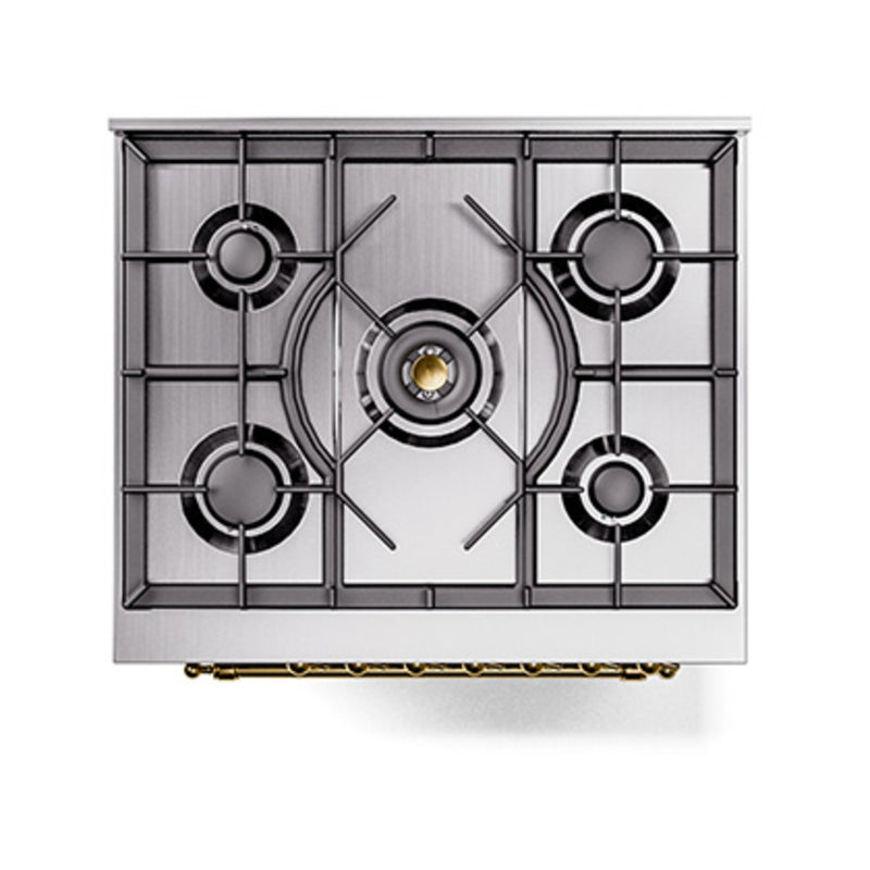 ILVE Nostalgie II Noblesse 30-Inch Dual Fuel Range with Solid Door in Stainless Steel with Brass Trim (UN30QNMPSSG)