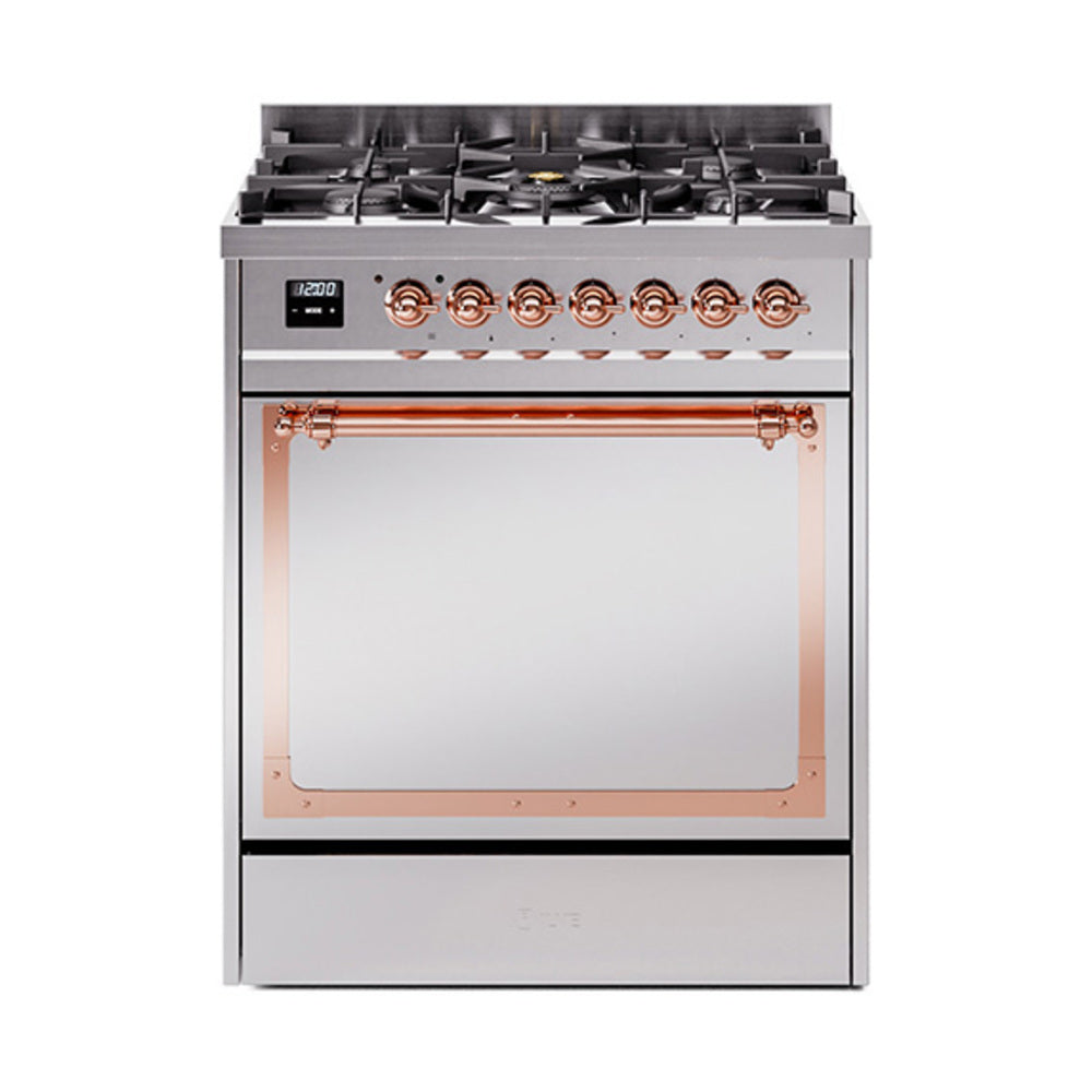 Stainless steel dual fuel gas range with solid door and copper-trimmed control knobs