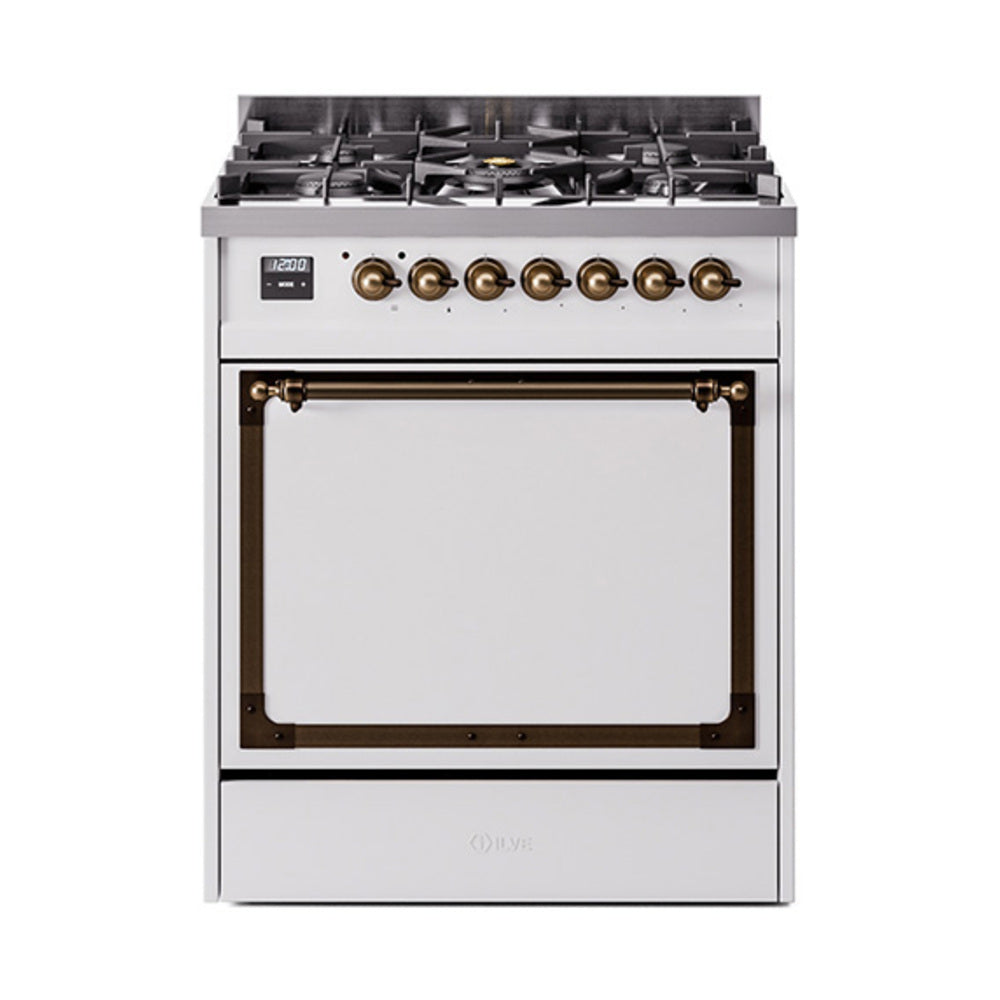 30-inch dual fuel range with white door and bronze control knobs