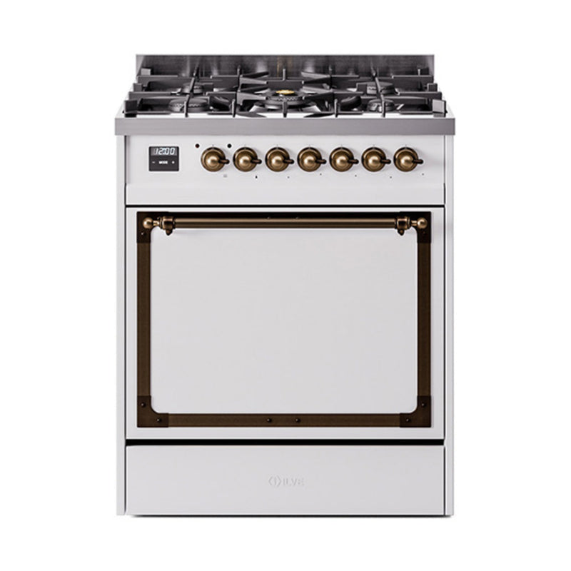 ILVE Nostalgie II Noblesse 30-Inch Dual Fuel Range with Solid Door in White with Bronze Trim (UN30QNMPWHB)