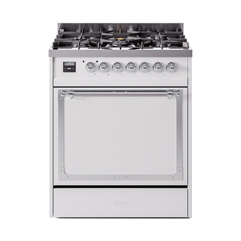White dual fuel gas range with solid oven door and chrome-trimmed control panel