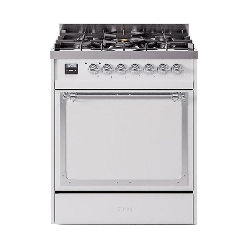ILVE Nostalgie II Noblesse 30-Inch Dual Fuel Range with Solid Door in White with Chrome Trim (UN30QNMPWHC)
