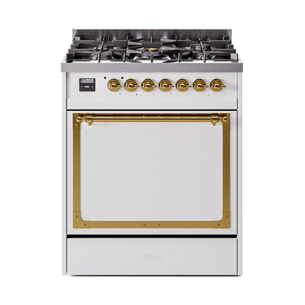 White gas dual-fuel range with brass trim, solid door and burner control knobs