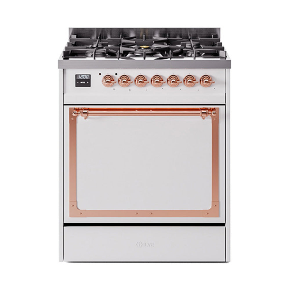 White dual fuel range with solid door, copper-trimmed frame, and gas burners.