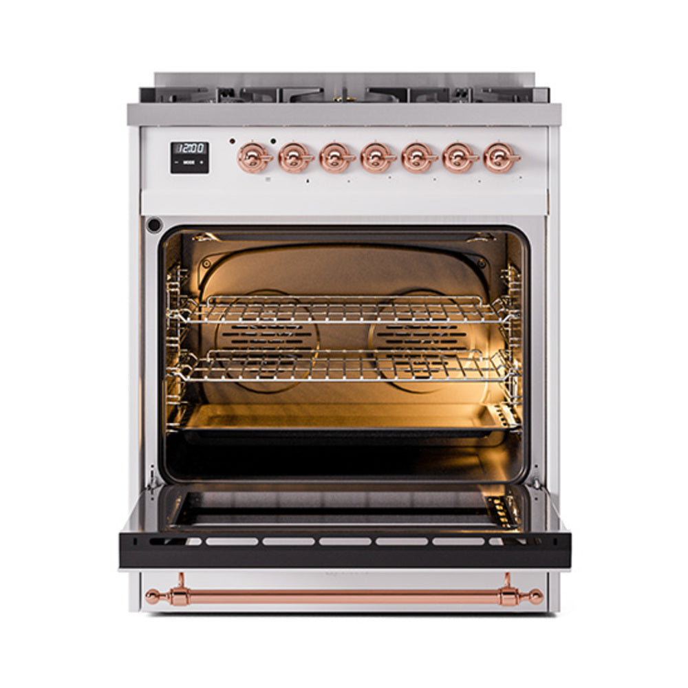 White dual fuel range with open oven door showing bake and broil racks.
