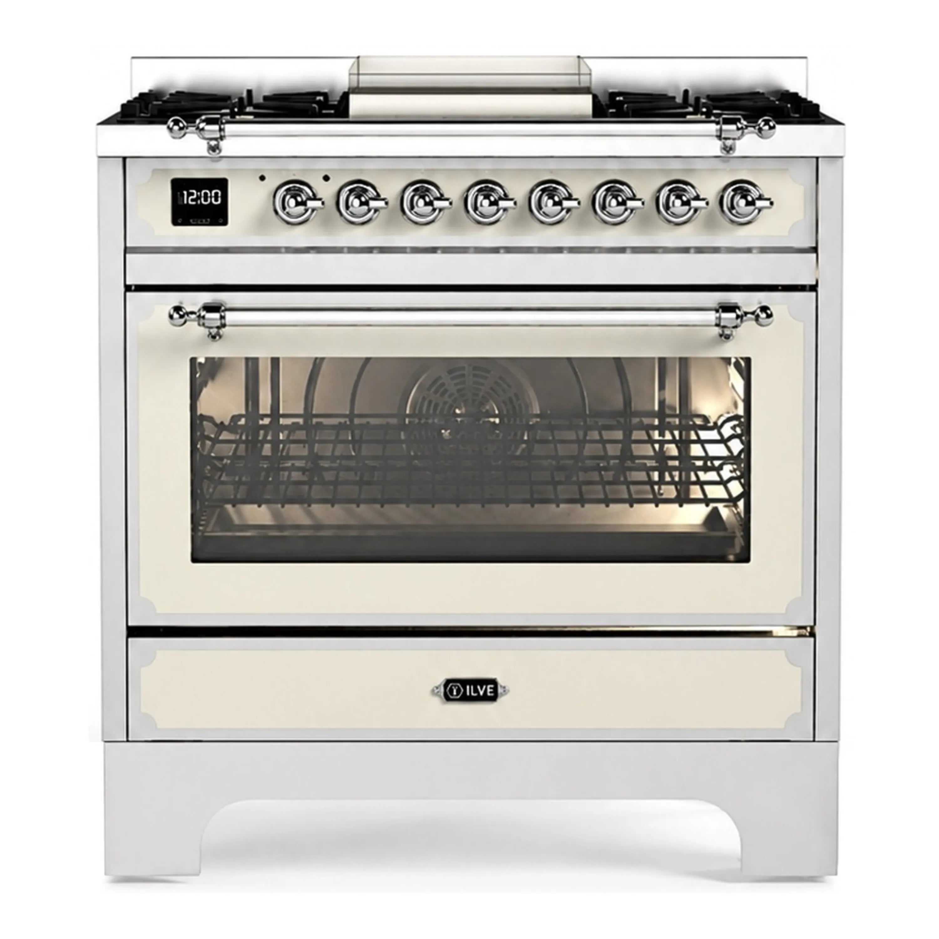 ILVE stainless dual fuel range with 4 gas burners, knobs, and glass oven door