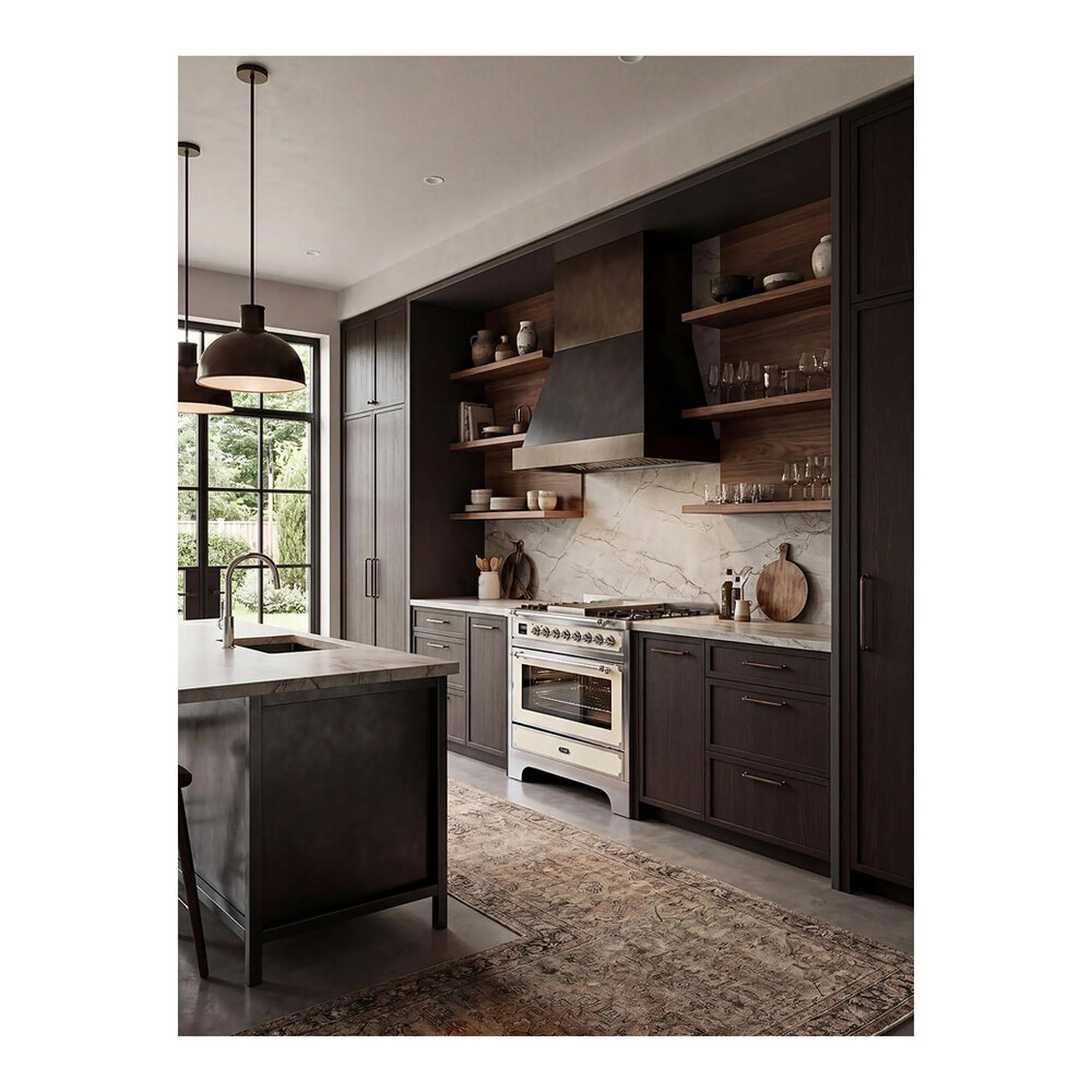 Stainless dual fuel range built-in in kitchen, with control panel and oven window