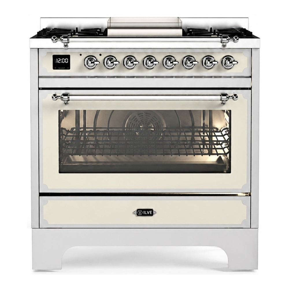 ILVE dual fuel range with four gas burners, oven window, and control knobs