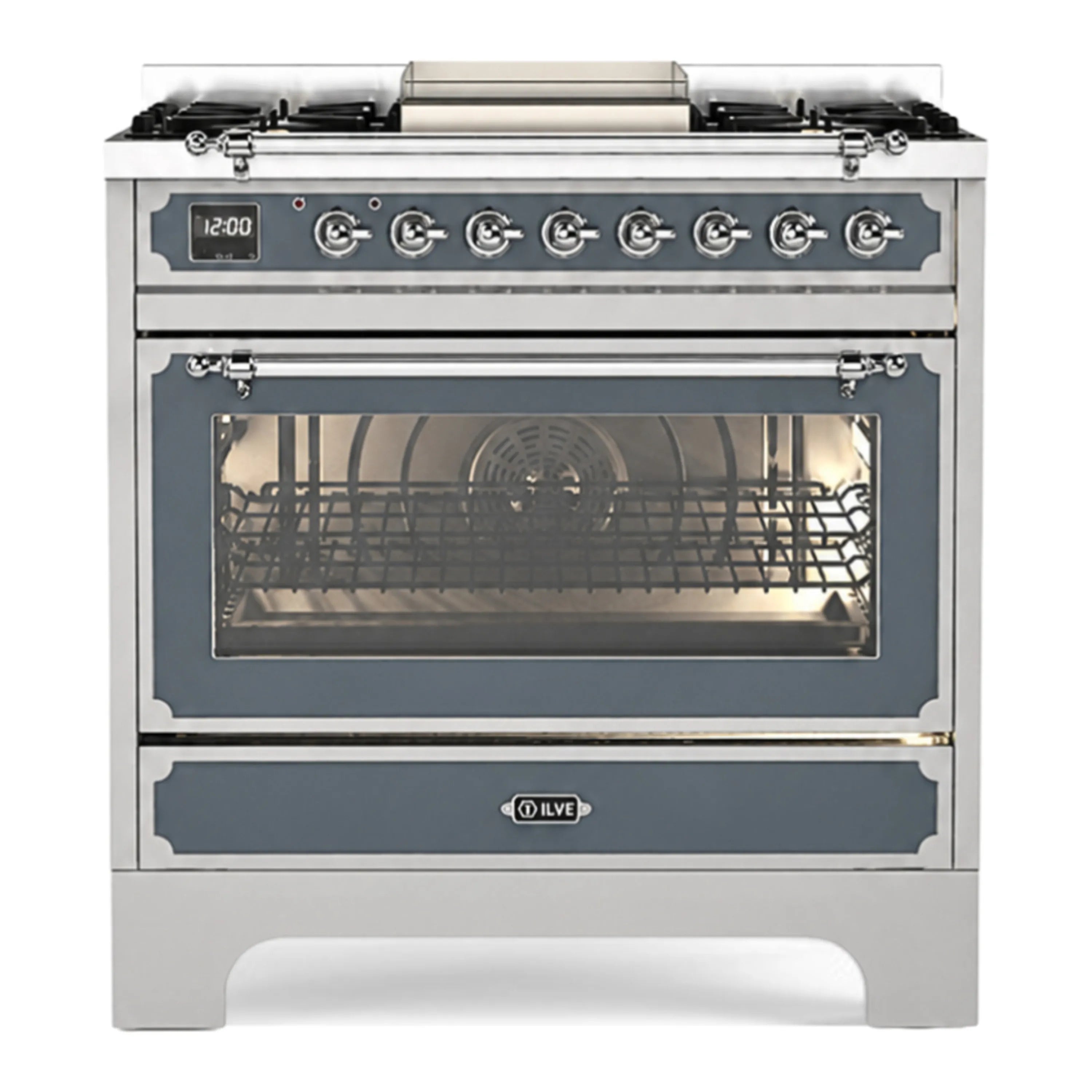 ILVE 36-inch dual-fuel range with 4 gas burners and large oven window