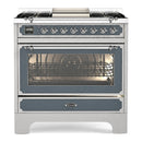 ILVE Decor 36-Inch Dual Fuel Range with 4 Gas Burners and Griddle, Dual Ring Burner up to 25,000 BTU, 4 cu. ft. Multi-Function Electric Oven in Blue Grey (UN361FWMPBGC)