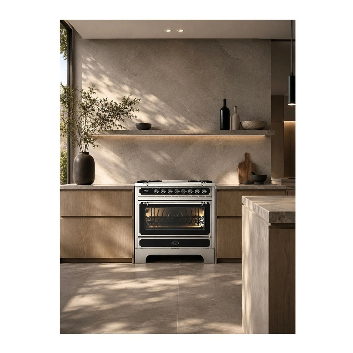 Graphite matte dual fuel range with burners and oven door, front view