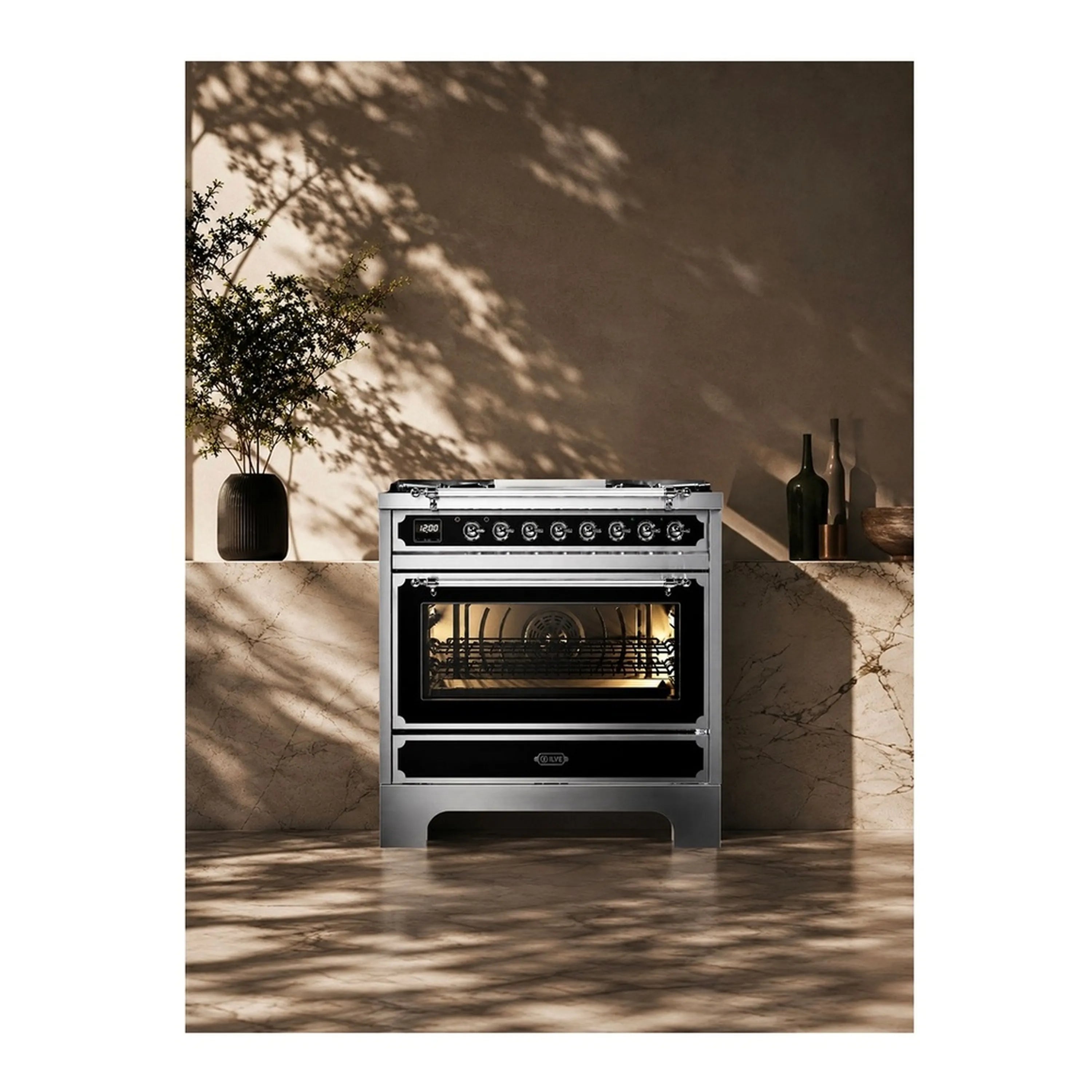 Graphite matte dual fuel range with oven door and control panel, front view