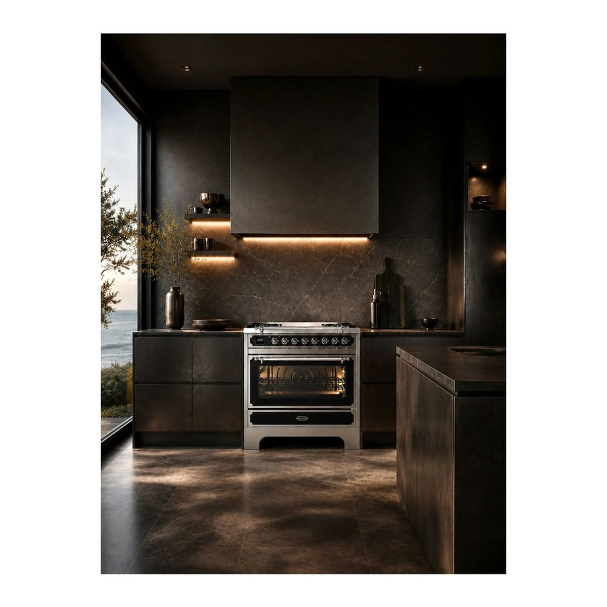 Graphite matte dual fuel range with oven window and burner controls, front view